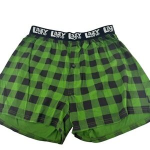 Lazy One Mens XL Moose Caboose Green Buffalo Plaid Cotton Lounge Shorts Humor